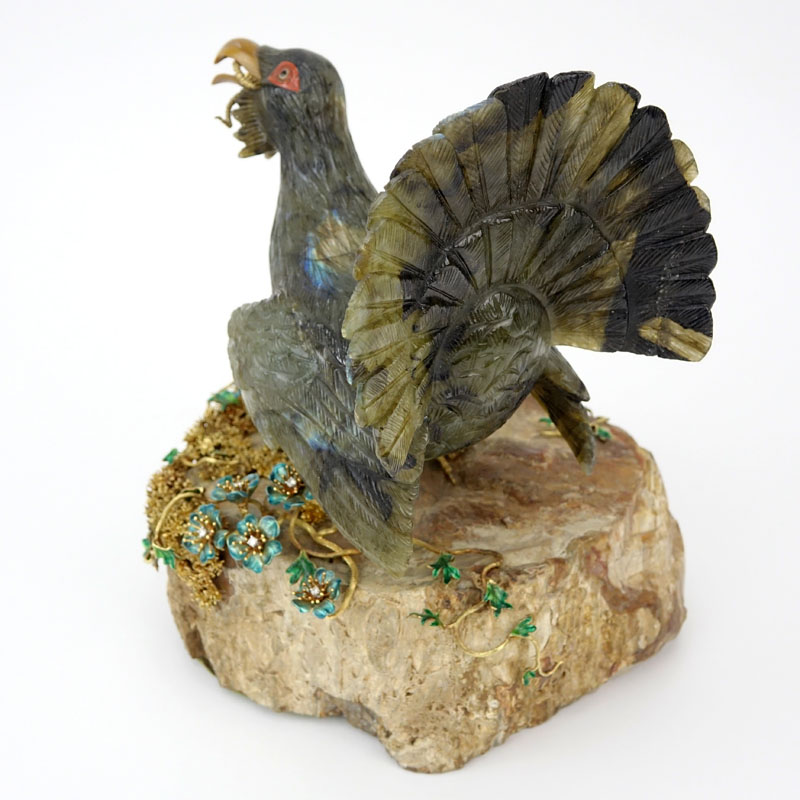 Attributed to: Manfred Wild, Idar-Oberstein, Germany Important Vintage Masterwork 18 Karat Yellow Gold, Diamond and Enamel Mounted Carved Labradorite Figural Bird Sculpture.