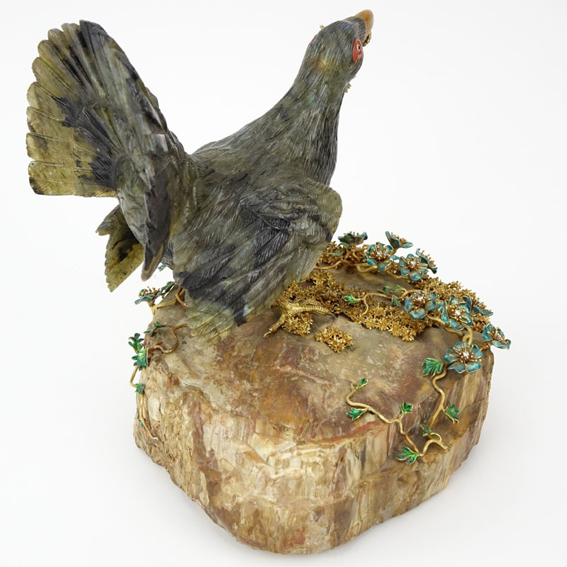 Attributed to: Manfred Wild, Idar-Oberstein, Germany Important Vintage Masterwork 18 Karat Yellow Gold, Diamond and Enamel Mounted Carved Labradorite Figural Bird Sculpture.