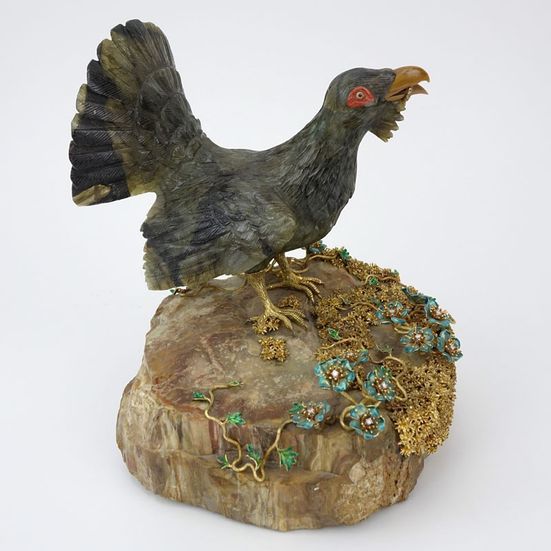 Attributed to: Manfred Wild, Idar-Oberstein, Germany Important Vintage Masterwork 18 Karat Yellow Gold, Diamond and Enamel Mounted Carved Labradorite Figural Bird Sculpture.