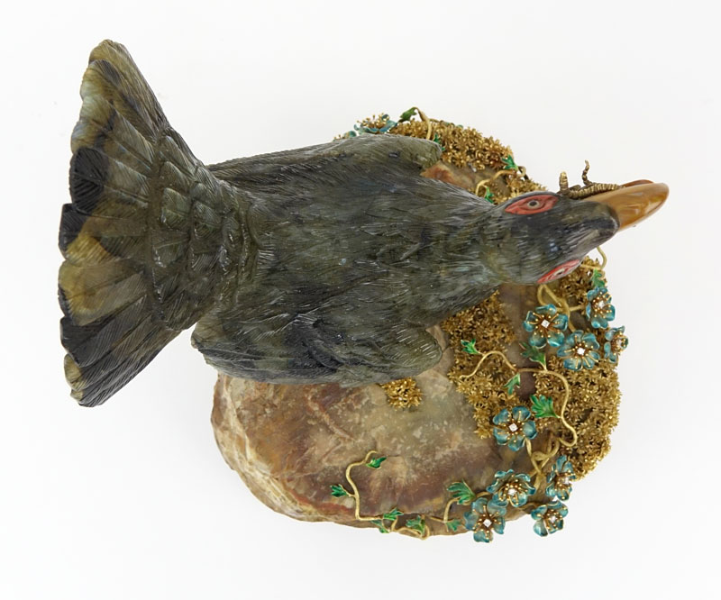 Attributed to: Manfred Wild, Idar-Oberstein, Germany Important Vintage Masterwork 18 Karat Yellow Gold, Diamond and Enamel Mounted Carved Labradorite Figural Bird Sculpture.