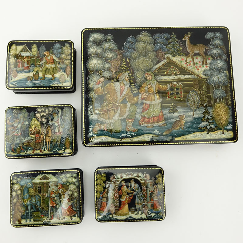 Collection of Five (5) Russian Black Lacquer Boxes.