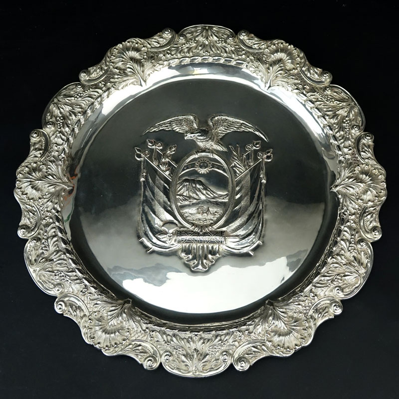 Vintage Silver Ecuador Coat of Arms Repousse Tray.