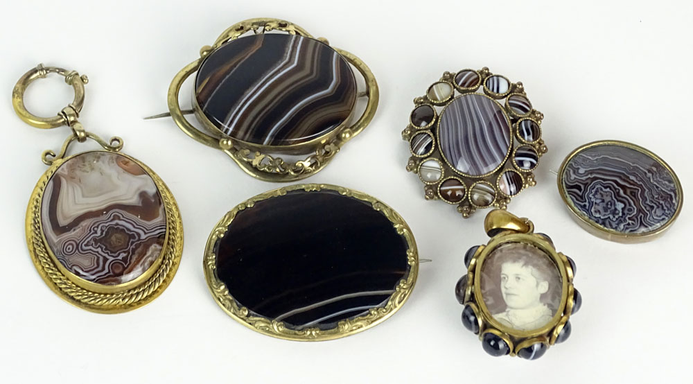 Collection of Six (6) Victorian Agate and Gold Filled Brooches.