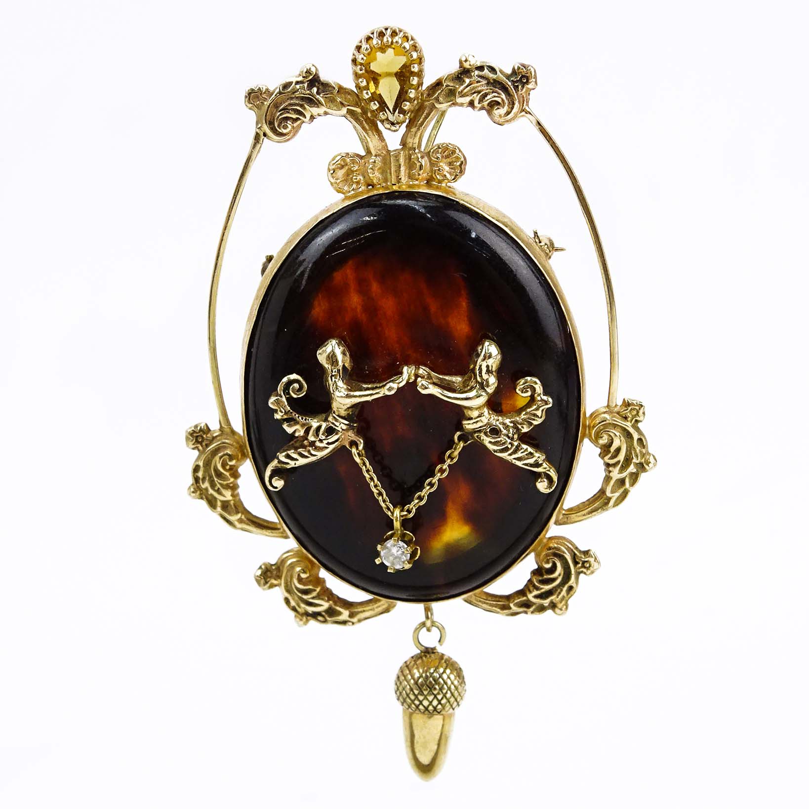 Victorian 14 Karat Yellow Gold and Tortoise Shell Pendant/Brooch with Citrine and Diamond Accents.