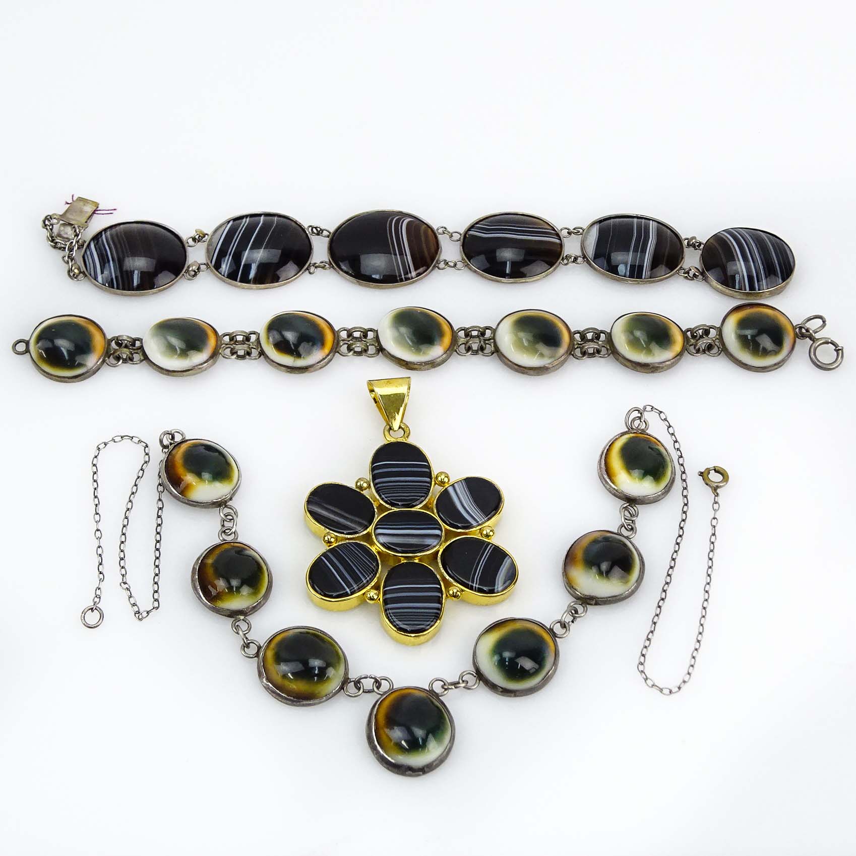 Vintage Cats Eye Operculum Shell and Silver Bracelet and Necklace Suite; Agate and Silver Bracelet and Agate and Gold Tone Metal Pendant.