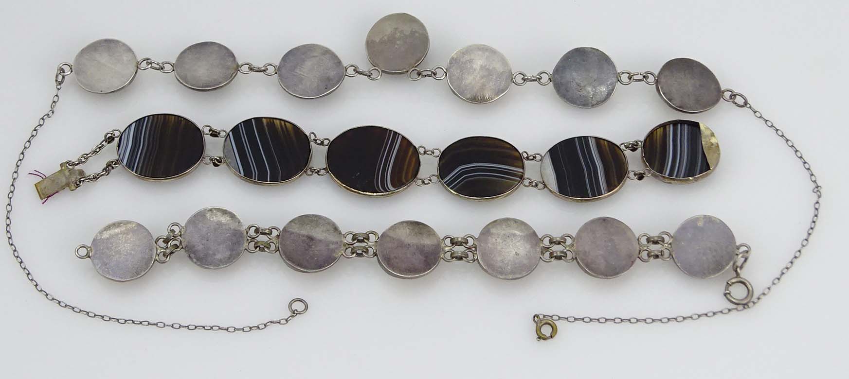 Vintage Cats Eye Operculum Shell and Silver Bracelet and Necklace Suite; Agate and Silver Bracelet and Agate and Gold Tone Metal Pendant.