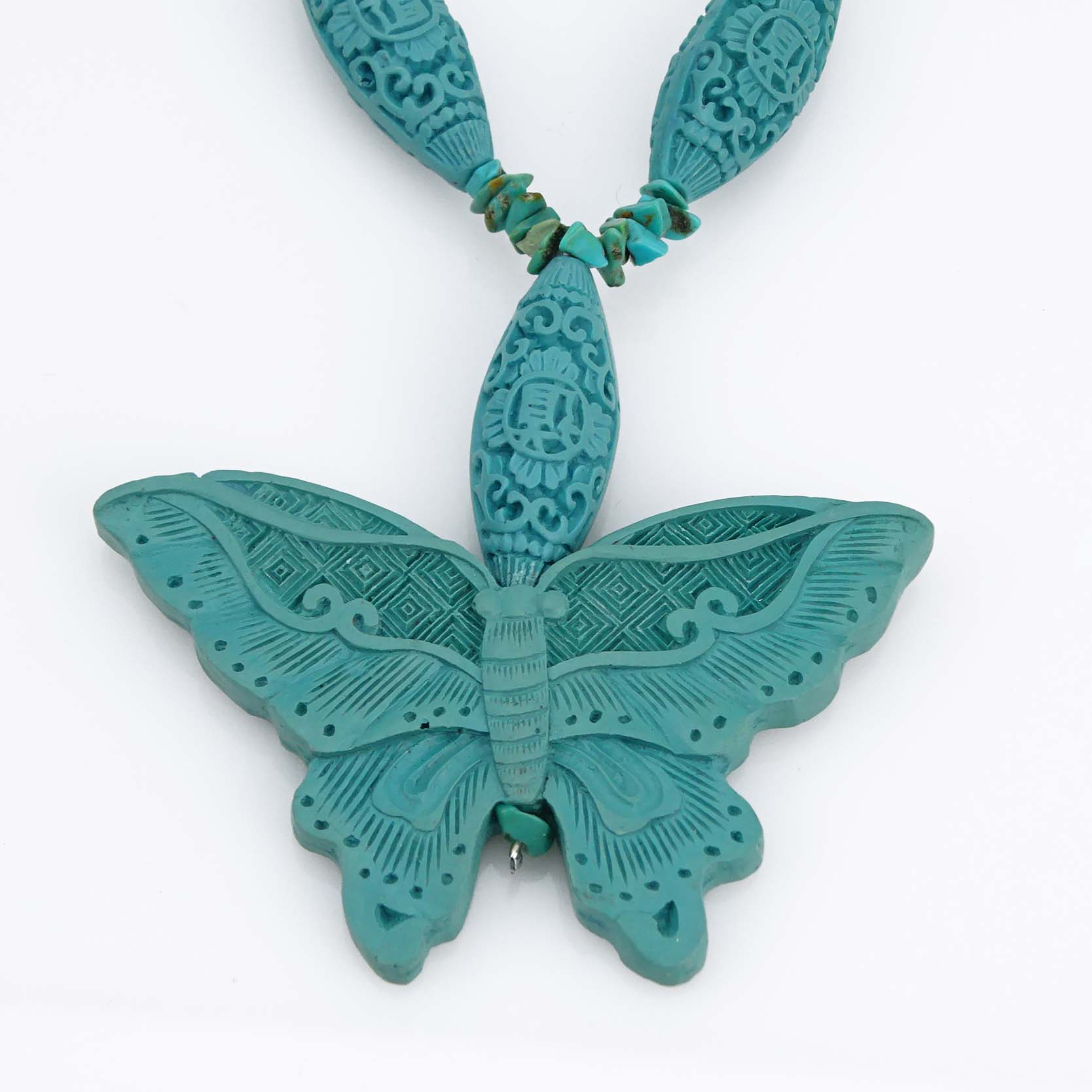 Vintage Chinese Turquoise Bead and Decorative Faux Carved Lacquer Bead Necklace with Butterfly Pendant.