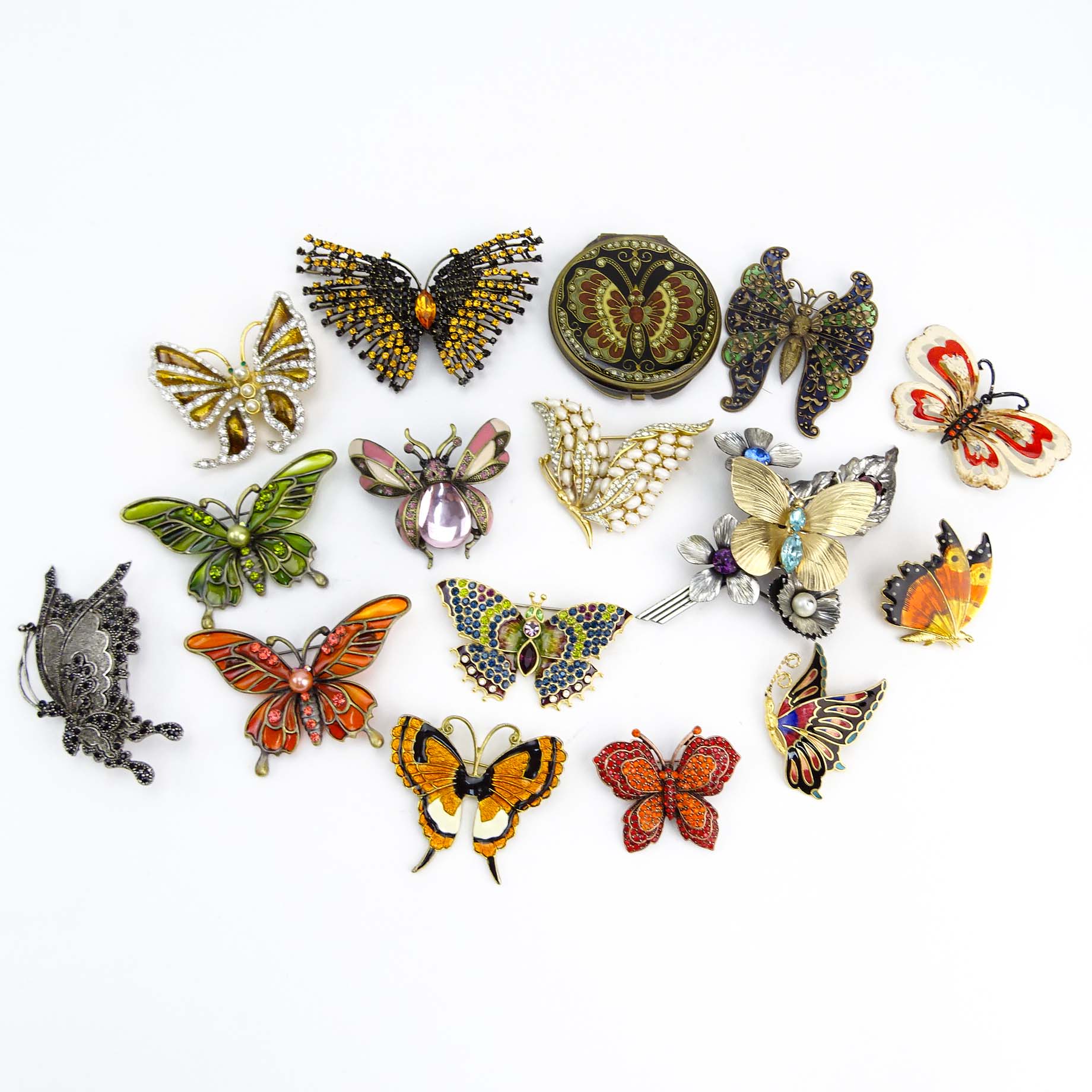 Collection of Fifteen (15) Fashion Butterfly Brooches and One (1) Compact variously with enamel and faux gem stones.