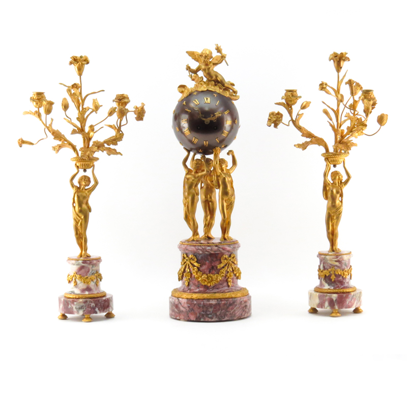 Antique French Gilt Bronze and Marble Three (3) Piece Figural Clock Garniture Set.