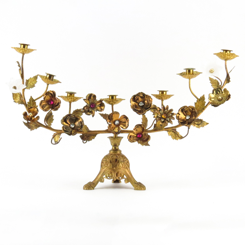 Vintage Decorative Bronze Menorah In A Floral Form. The flowers inset with colored jewels.