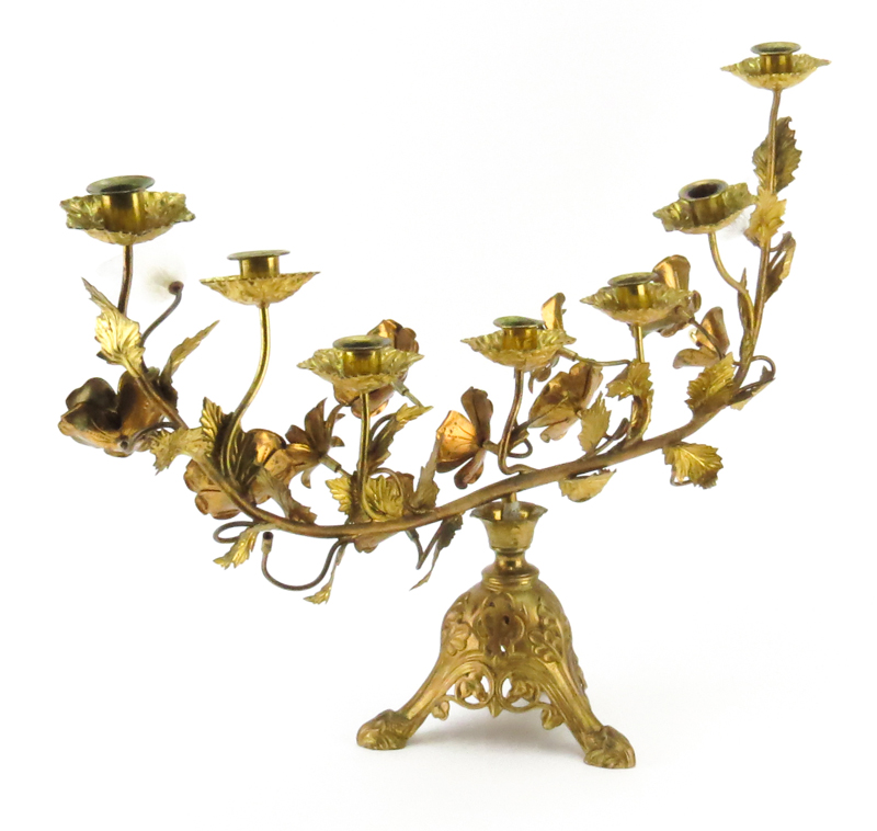 Vintage Decorative Bronze Menorah In A Floral Form. The flowers inset with colored jewels.