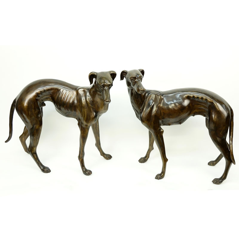 Pair of Life Size Patinated  Bronze Greyhound/Dog Sculptures.