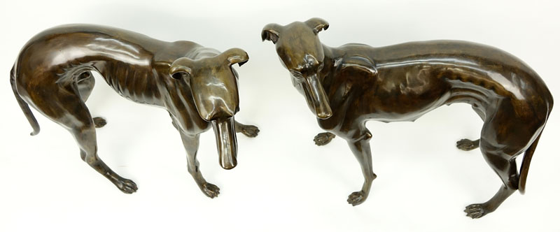 Pair of Life Size Patinated  Bronze Greyhound/Dog Sculptures.