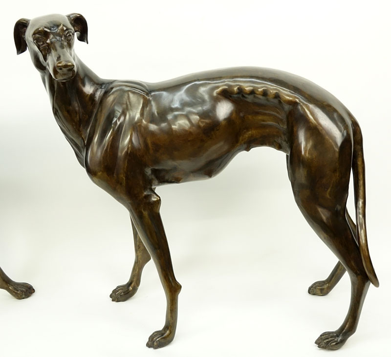 Pair of Life Size Patinated  Bronze Greyhound/Dog Sculptures.