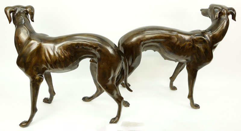 Pair of Life Size Patinated  Bronze Greyhound/Dog Sculptures.