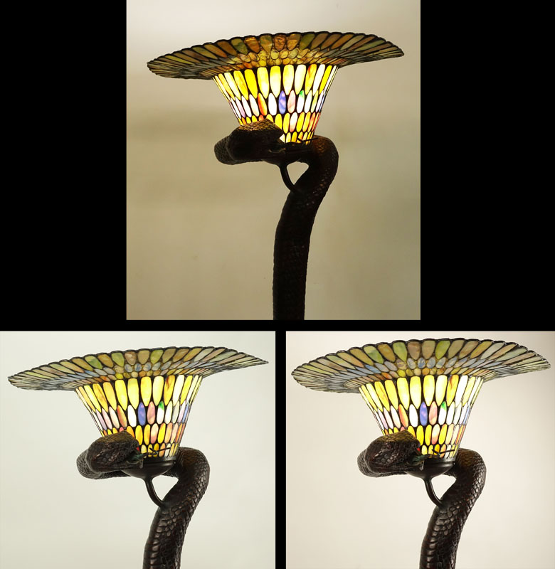 After: Edgar Brandt, French (1880-1960) "Cobra" Polychrome Composition Floor Lamp with Stained Glass Shade. 