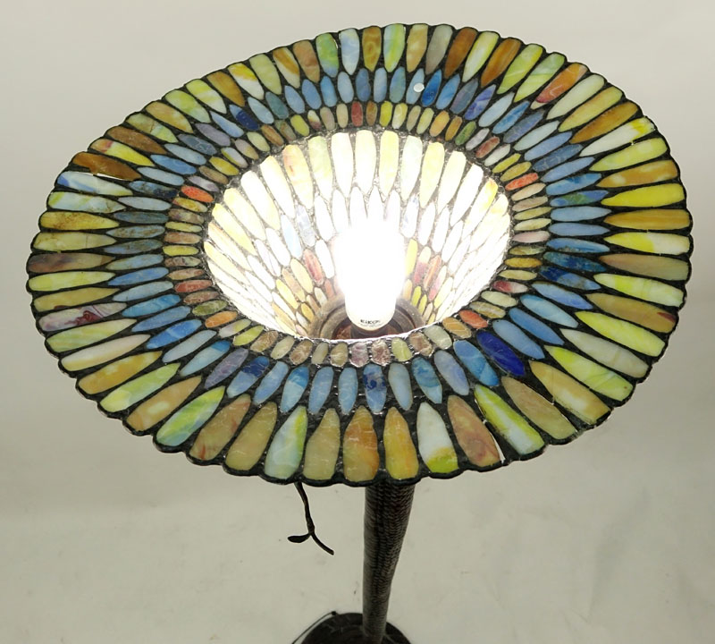 After: Edgar Brandt, French (1880-1960) "Cobra" Polychrome Composition Floor Lamp with Stained Glass Shade. 