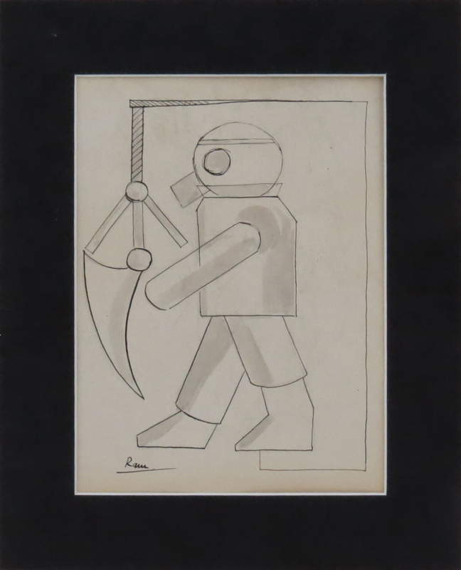 Attributed to Ruggero Alfredo Michahelles, Italian (1898 - 1976) Ink and wash on paper "Futuristic Figure" Signed RAM.