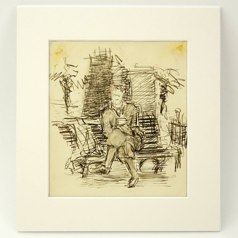 Circa 1920's European School Ink On Paper "Man Seated On Bench".