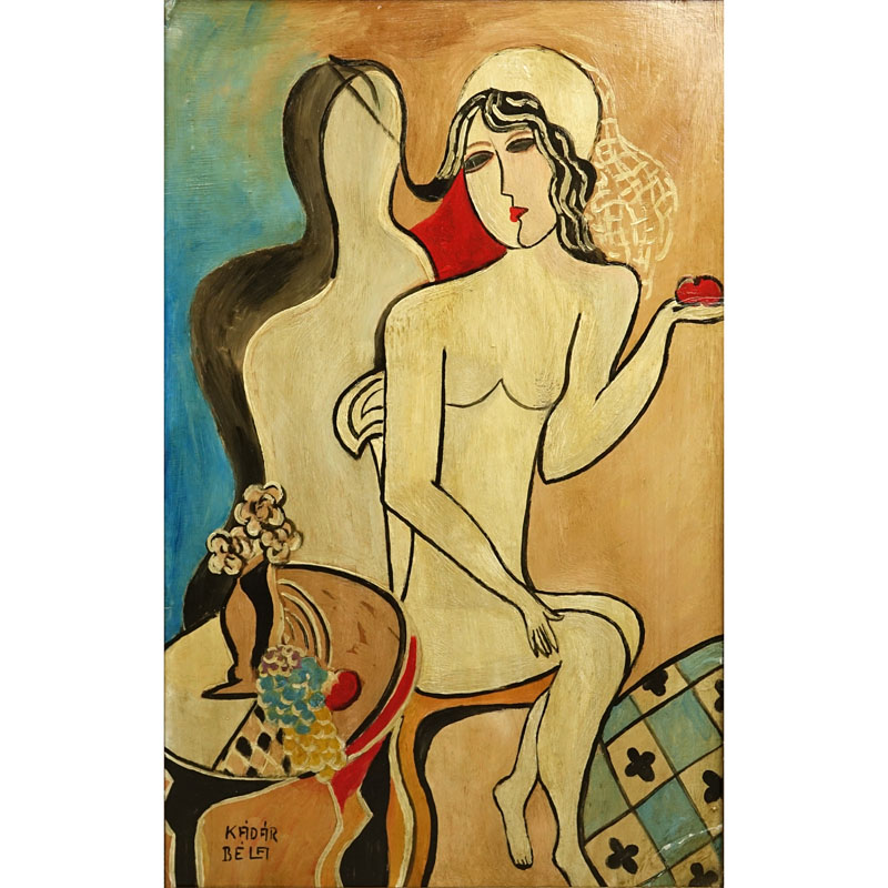 Attributed to: Bela Kadar, Hungarian  (1877-1956) Oil on cardboard "Nude With Apple".