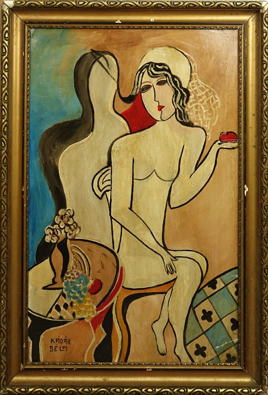 Attributed to: Bela Kadar, Hungarian  (1877-1956) Oil on cardboard "Nude With Apple".