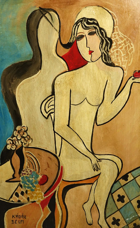 Attributed to: Bela Kadar, Hungarian  (1877-1956) Oil on cardboard "Nude With Apple".