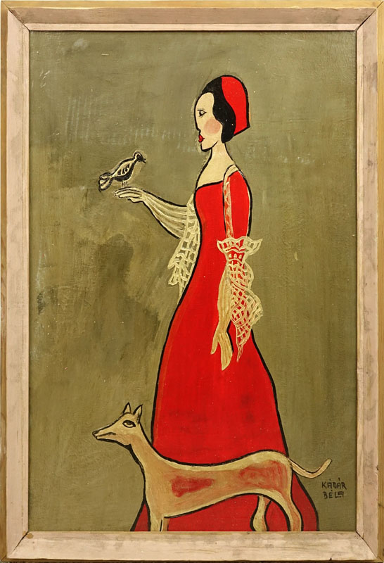 Attributed to: Bela Kadar, Hungarian  (1877-1956) Oil on cardboard "Lady In Red Dress".
