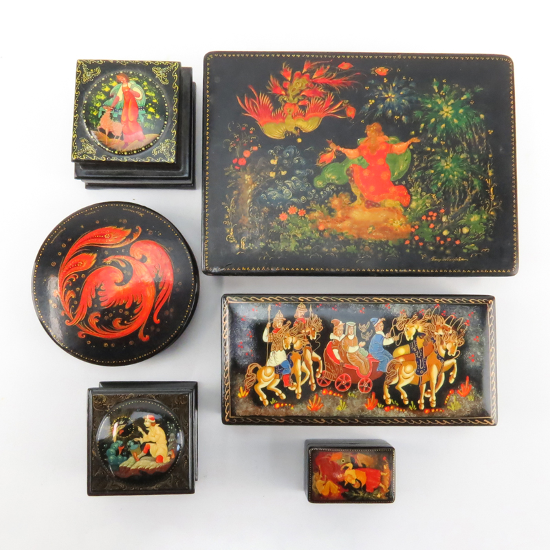 Collection of Six (6) Russian Black Lacquer Boxes.