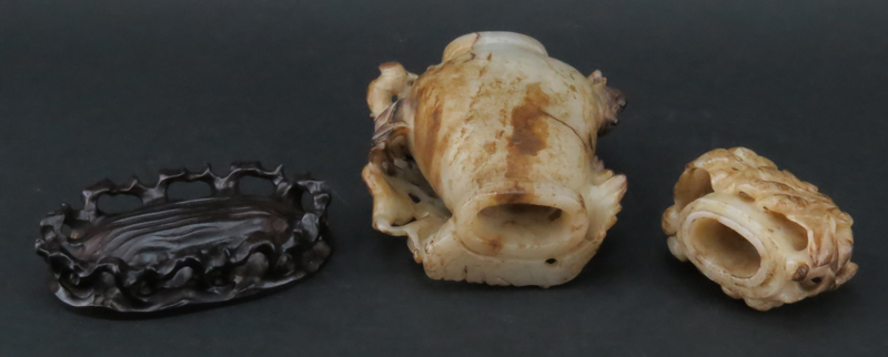 Large well carved Chinese White and Brown Jade Lidded Bottle On Stand. Birds and floral motif.