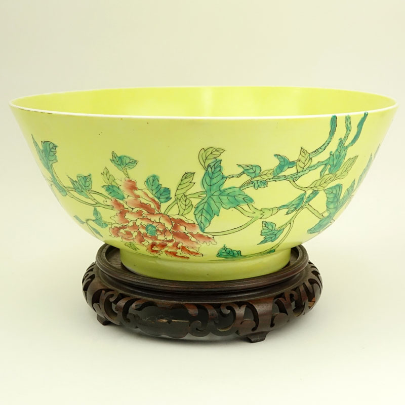 Chinese Export Yellow Porcelain Centerpiece Bowl on Wooden Stand.