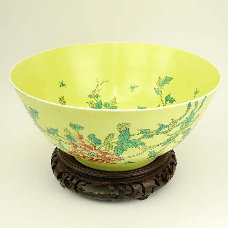 Chinese Export Yellow Porcelain Centerpiece Bowl on Wooden Stand.