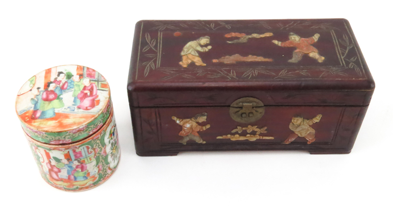 Collection of Four (4) Chinese Boxes. Includes: Two hardstone inlaid boxes, cloisonné round box, and porcelain covered box.