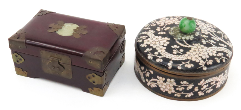 Collection of Four (4) Chinese Boxes. Includes: Two hardstone inlaid boxes, cloisonné round box, and porcelain covered box.