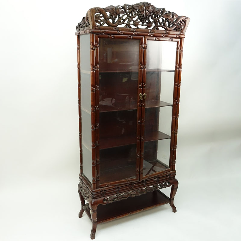 Mid Century Chinese Carved Teak Wood and Glass Display Case.