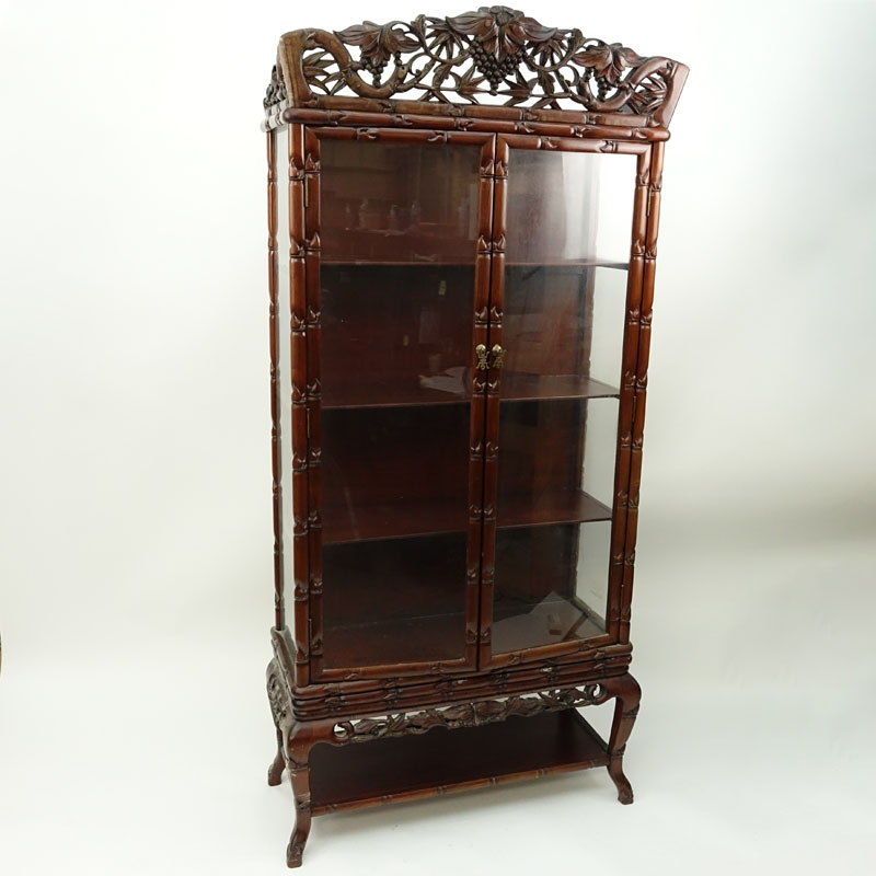 Mid Century Chinese Carved Teak Wood and Glass Display Case.