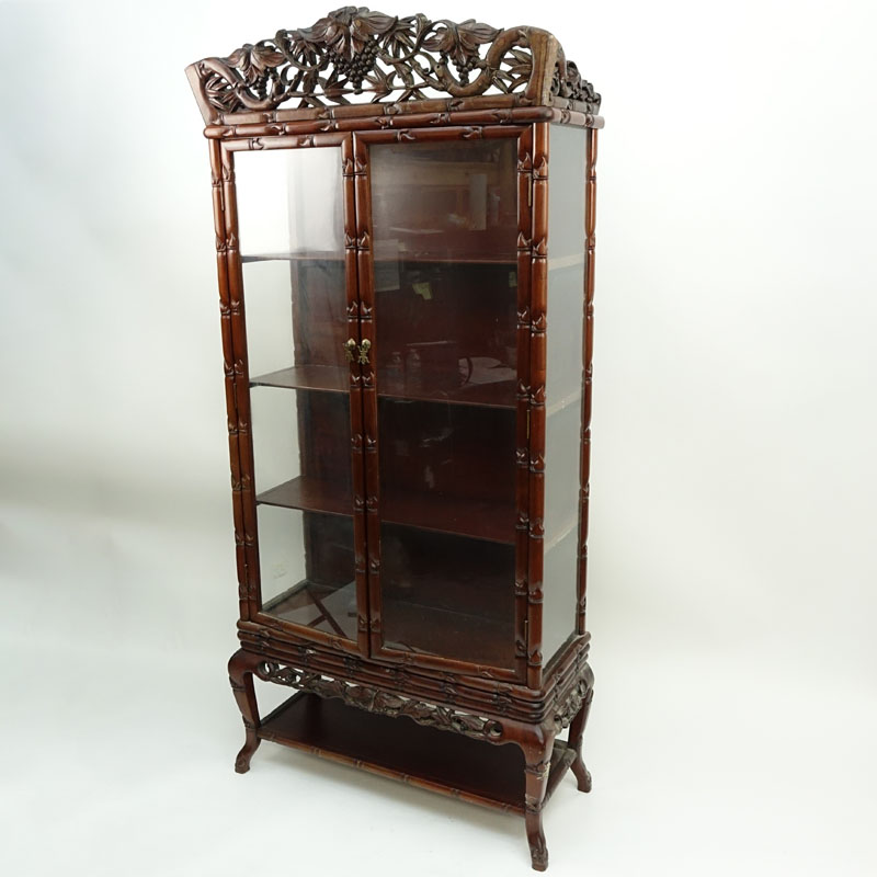 Mid Century Chinese Carved Teak Wood and Glass Display Case.