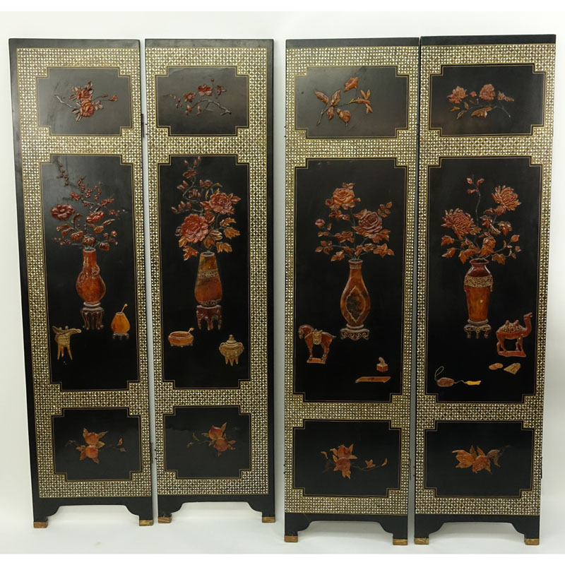 Antique Chinese Mother of Pearl and Agate/Hardstone Inlaid 4 Panel Screen.