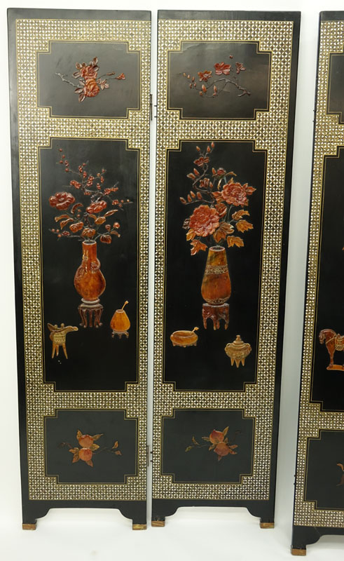 Antique Chinese Mother of Pearl and Agate/Hardstone Inlaid 4 Panel Screen.