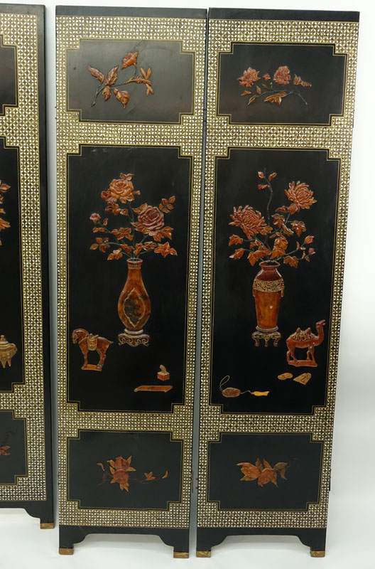 Antique Chinese Mother of Pearl and Agate/Hardstone Inlaid 4 Panel Screen.