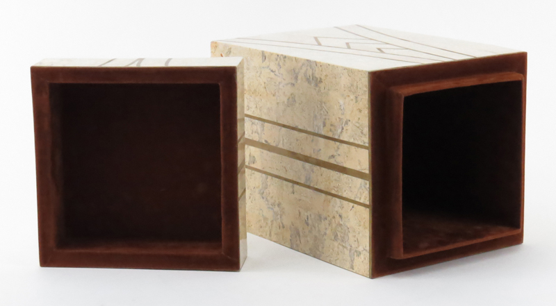 Maitland Smith Style Tessellated Marble and Brass Covered Jewelry Box.