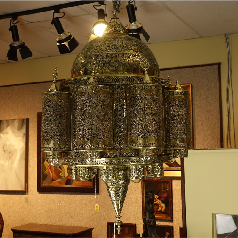 Large Mid 20th Century Moroccan Brass Chandelier with Filigree Islamic Design.