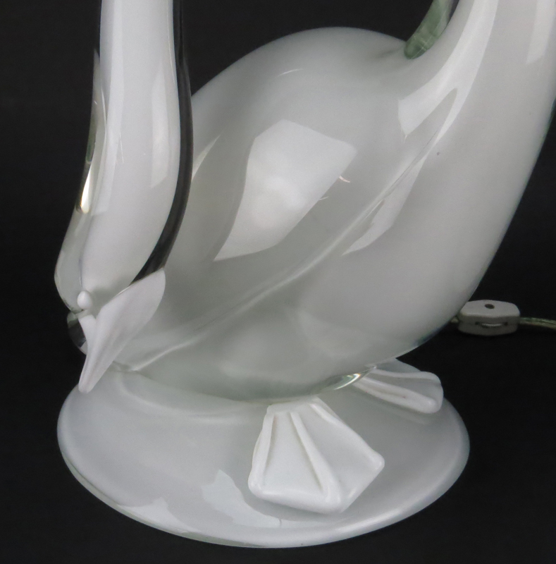 Murano Glass White Swan Lamp with Shade, Possibly Seguso. 