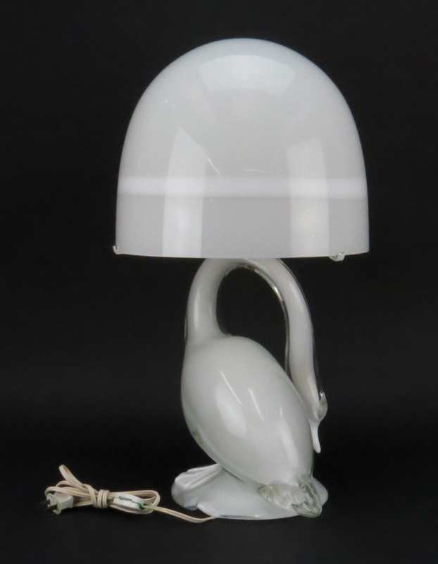 Murano Glass White Swan Lamp with Shade, Possibly Seguso. 