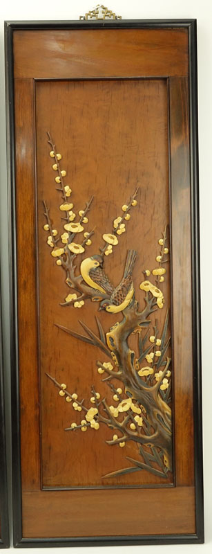 Pair of Oriental Carved Wood Wall Panels. Label marked "Made in Taiwan Republic of China" affixed en verso. 