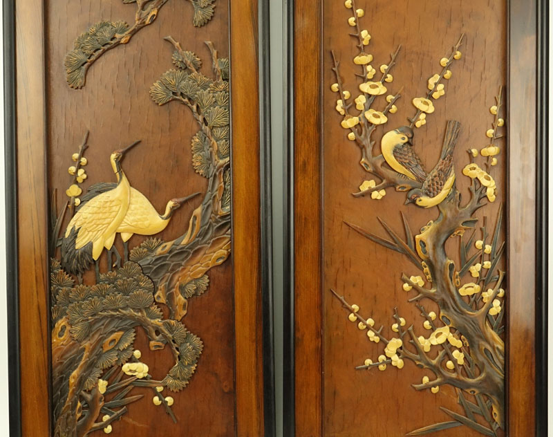 Pair of Oriental Carved Wood Wall Panels. Label marked "Made in Taiwan Republic of China" affixed en verso. 