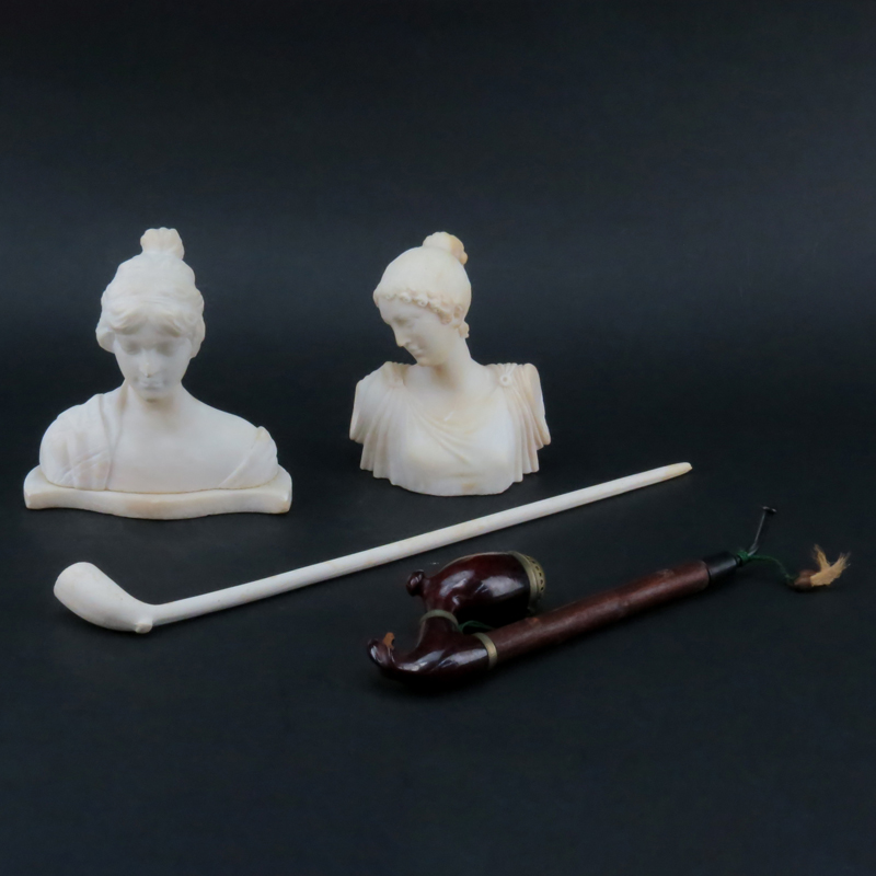 Grouping of Four (4) Tableware. Includes two classical Grecian alabaster bust figures, black forest style pipe, and ceramic pipe. 