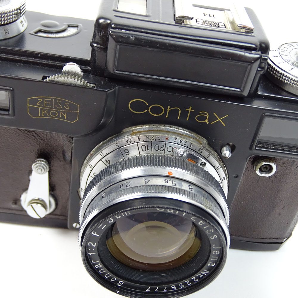 Vintage Zeiss Contax Black Body Camera with Sonnar Lens and Leather Case.