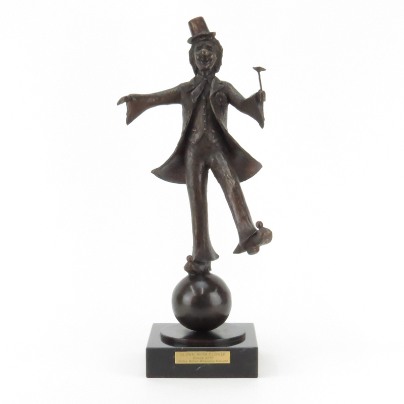 Prince Monyo Simon Mihailescu-Nasturel, Romanian (20th C) Bronze Figurine "Clown With Flower". 