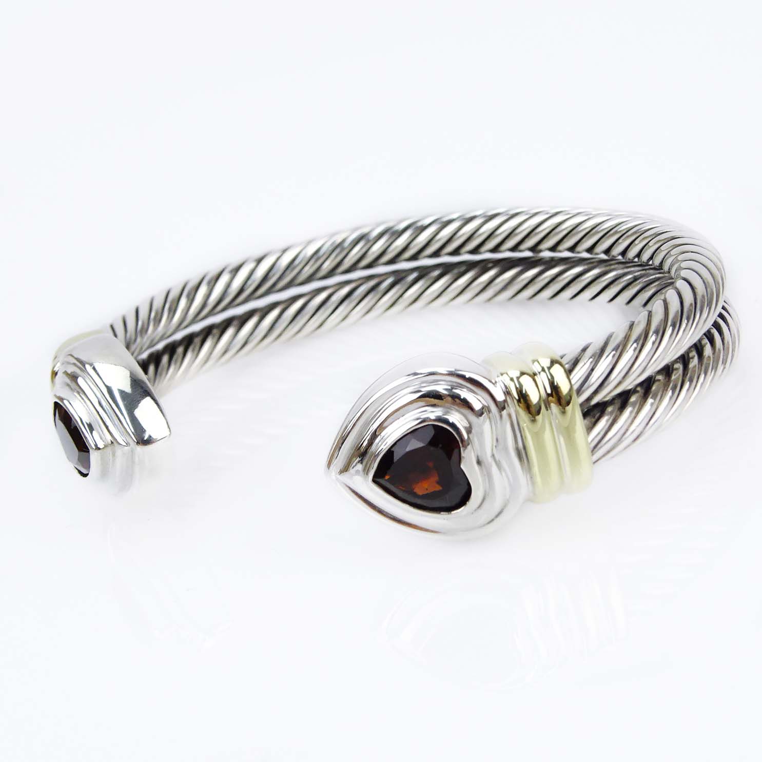 David Yurman 925 Silver, 14 Karat Yellow Gold and Heart Shape Garnet Double Cable Hearts Cuff Bangle Bracelet. 