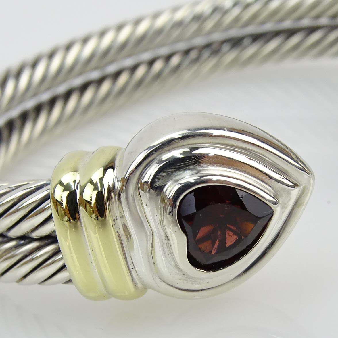 David Yurman 925 Silver, 14 Karat Yellow Gold and Heart Shape Garnet Double Cable Hearts Cuff Bangle Bracelet. 